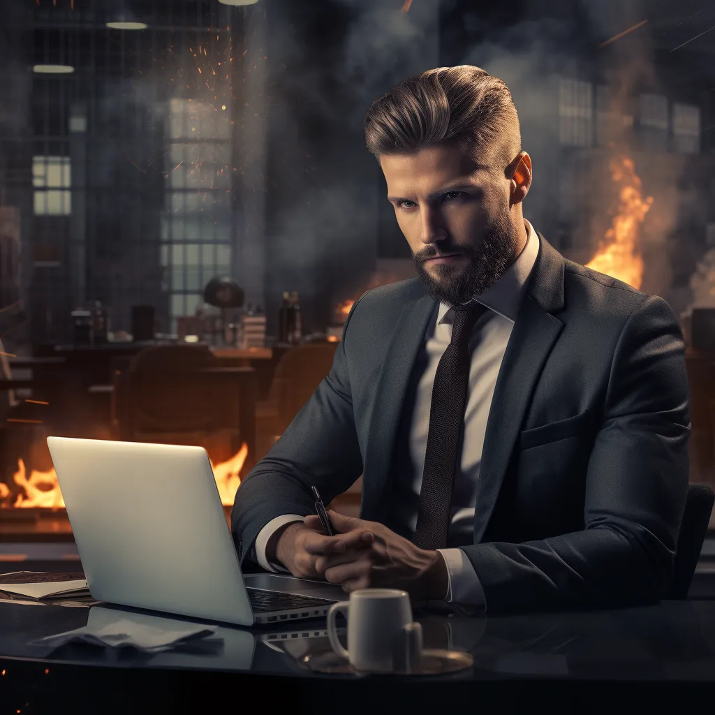 A professional businessman working on a laptop in a modern office., photo