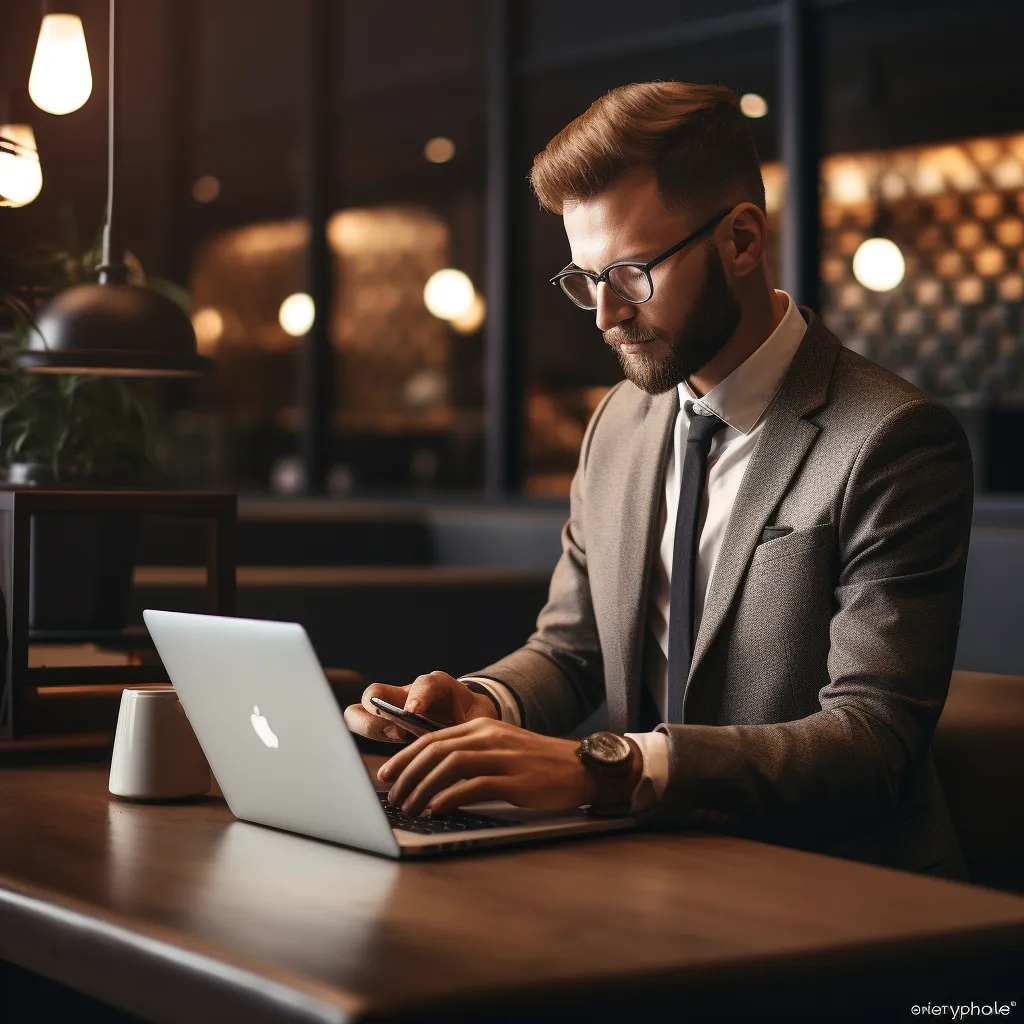 A professional businessman working on a laptop in a modern office., photo